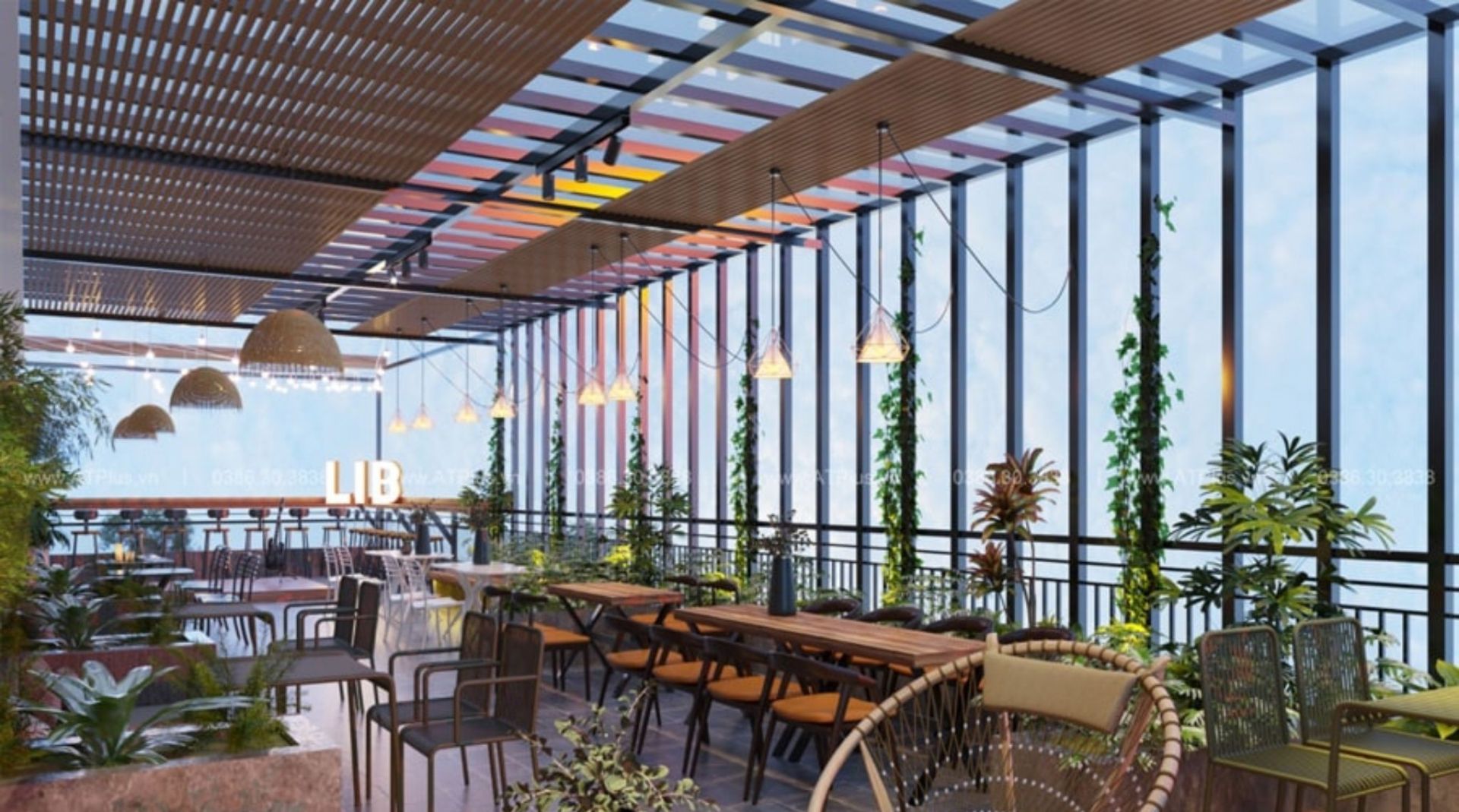 Mái che quan cafe sân thượng bằng kính cường lực