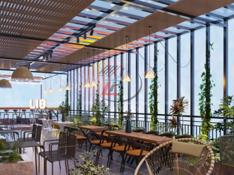 Mái che quan cafe sân thượng bằng kính cường lực
